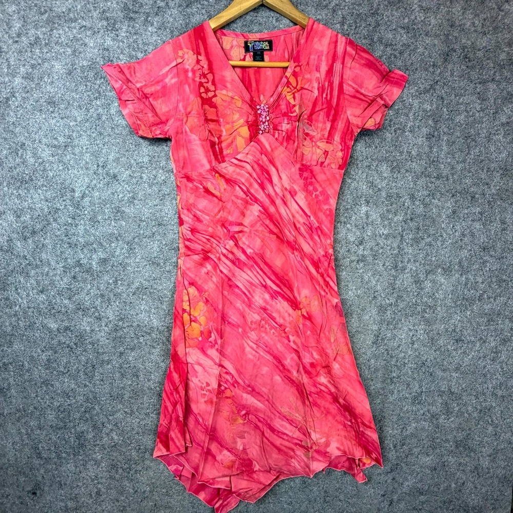 Vintage Tropical Tantrum Dress Womens XS Pink Resort Beaded Hawaiian Summer